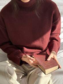 DAZY 1 Áo len dệt kim tay dài cổ cao màu trơn, thường ngày đa năng, áo dài tay, quần áo mùa thu cho nữ - Màu Đỏ Sâu - Xem 5