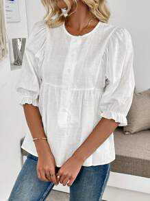 SHEIN LUNE Women's Casual Solid Color Puff Sleeve Button Front Shirt - White - View 3