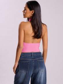 MUSERA Ribbed Backless Halterneck Knit Top Y2k Spring Casual Cute 90's Sun Winter Elegant Party Evening - Pink - View 2