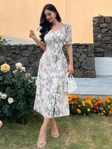 DAZY Women Floral Print Square Collar Puff Sleeve Split Midi Dress