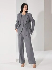 Heiryn Women's Front Button Long Sleeve Simple Casual Pocket Suit Jacket - Grey - View 4