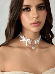 ROMWE Kawaii Japan Kawaii Lolita Lace Lovely Heart Crystal Pendant Necklace With Ruffle Choker For Women
