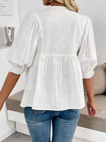 SHEIN LUNE Women's Casual Solid Color Puff Sleeve Button Front Shirt - White - View 2
