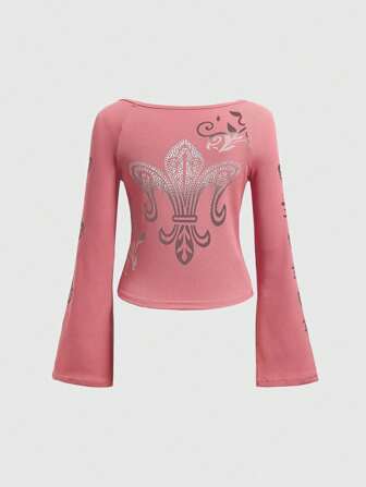Camiseta De Manga Acampanada Con Estampado De Patrón