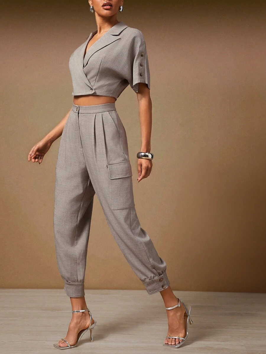 Hauture 夏季女士，女装，女式浅灰色卡普里西装锥形裤，带工装口袋，适合约会之夜、音乐会、演出、派对、俱乐部、晚会、音乐节