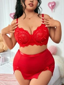 ROMWE Kawaii 大码蕾丝和网眼镂空蝴蝶结性感内衣套装 - 紅色 - 查看 2