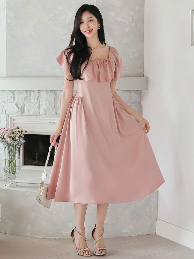 Solid Color Square Neck Ruffle Trim Pleated Midi Dress For Women,Casual Women Dresses