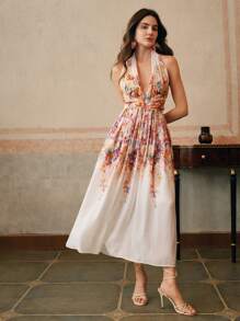 Anewsta Vestido de mujer con elegante escote pronunciado, ajustado, de tirantes, con estampado floral, sin mangas, de vuelo, para el verano