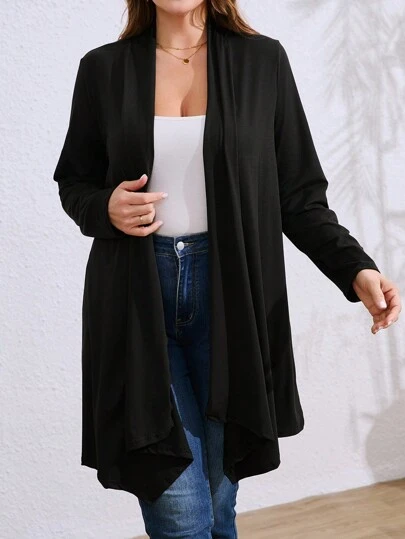 Plus Size Dam Svart Asymmetrisk fåll Lös Casual Cardigan Tröja, Lämplig för pendling och utomhus