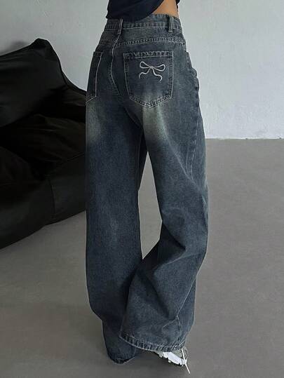DAZY Jeans holgados con bordado de moño para mujer