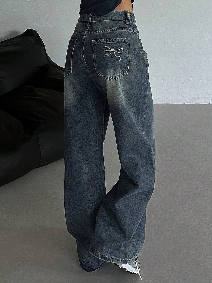 DAZY Women's Bow Embroidery Baggy Jeans - Medium Wash - View 1