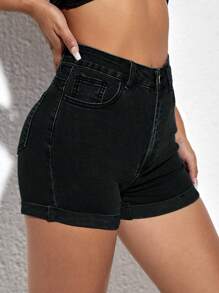 SHEIN ICON Short en jean ajusté décontracté simple avec boutons et poches avant pour femmes