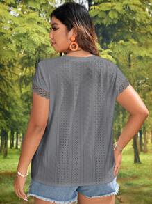SHEIN VCAY Plus Size Boho Solid Color Round Neck Short Sleeve Ruffle Trim Casual T-Shirt, For Summer