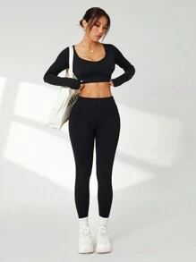 SHEIN Sport Studio Maglietta e top da allenamento aderenti senza schienale, a maniche lunghe/slim fit/crop, in tinta unita, per l'attività fisica