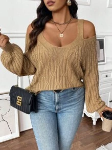 SHEIN Clasi Plus Size Women Knitted Neckline Design Cold Shoulder Lantern Sleeve Slightly Open Back Regular Loose Pullover Sweater, Autumn/Winter Fall - Apricot - View 8