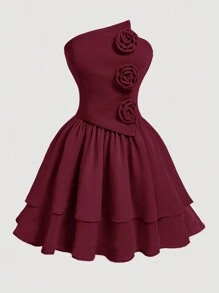 Girlism 少女复古不对称领口 3D 玫瑰迷你露肩连衣裙派对红色花朵抹胸连衣裙秋季服装，适合情人节、圣诞节 - 酒紅色 - 查看 9