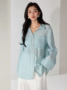 Modelyn 1pc Women's Thin & Sheer Sky Blue Long Sleeve Button Up Shirt, Summer - Blue - View 4