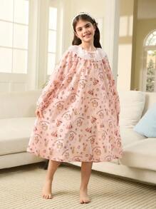 SHEIN Tween-Mädchen Süßes, locker gewebtes Nachthemd mit Rüschenbesatz und Bären-Print, passende Geschwister-Outfits (2 Teile separat erhältlich) - Verschiedenfarbig - Übersicht 4