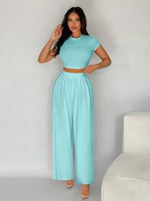 SHEIN SXY 2 Stücke/Set Damen einfarbiges Rundhals Kurzarm T-Shirt und Hose Lässig Outfit