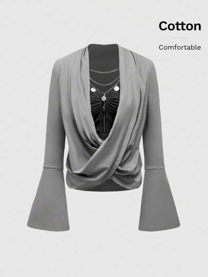 Grunge Punk Top a maniche a campana con scollo a v in stile Gyaru Y2K, decorato con collana 2 in 1