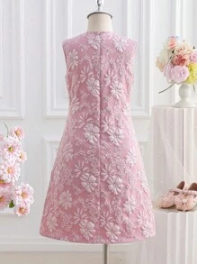 Girls Jacquard Floral Round Neck Sleeveless Bowknot Waist Dress, Pink - Multicolor - View 3