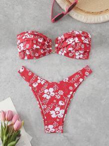 Swim Mod Women Flower Print Simple Bandeau Bikini Top And Bottom Set, For Summer Beach Vacation - Red - View 1