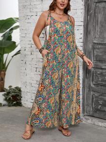 SHEIN VCAY Plus Size Women Casual Paisley Print Pocket Wide Leg Jumpsuit