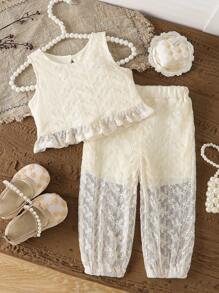 2pcs Baby Girls Beige Embroidery Ruffle Hem Cute Sweet Sleeveless Top And Elasticated Hem Pants Set, Spring/Summer - Beige - View 1