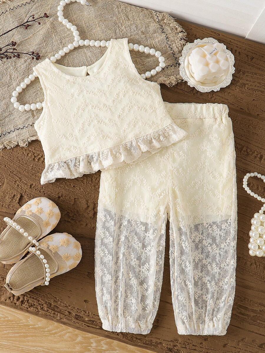 2pcs Baby Girls Beige Embroidery Ruffle Hem Cute Sweet Sleeveless Top And Elasticated Hem Pants Set, Spring/Summer - Beige - View 1