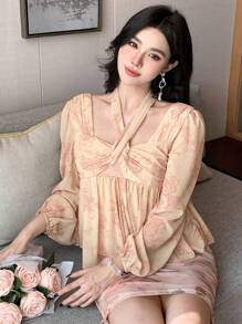 DAZY 女式方领全身花卉印花褶饰袖口衬衫花卉、娃娃装上衣、秋季女装长袖上衣 - 粉色 - 查看 3