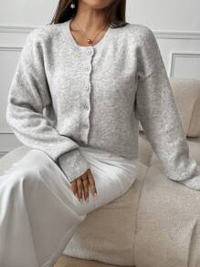 Chiquease Cardigan court décontracté à manches longues et décontracté avec encolure ronde et épaules tombantes pour femmes, automne hiver