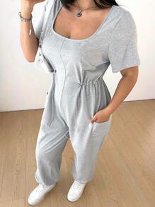 Flirla Plus Size damski sportowy kombinezon z krótkim rękawem i ściągaczem w pasie, z kieszeniami, minimalistyczny design