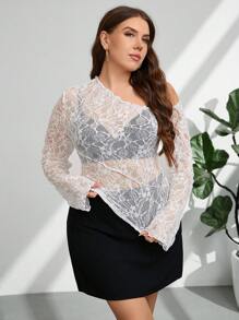 SHEIN Privé Blusa ajustada de patchwork con cuello asimétrico de encaje estilo bohemio para mujer talla grande