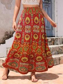 INAWLY Solva Vintage Print Long Skirt, Casual Holiday
