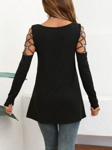 SHEIN LUNE Camiseta casual de mujer con manga hueca y adorno de strass con cremallera