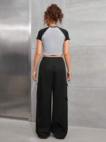 SHEIN 2pcs/Set Teen Girls Portrait Colorblock T-Shirt And Pocket Long Pants Outfit
