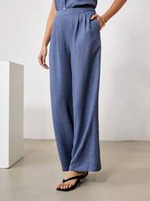EastFlair 2pcs Women's Solid Color Sleeveless Button Up Shirt And Pants Set - Blue - View 4