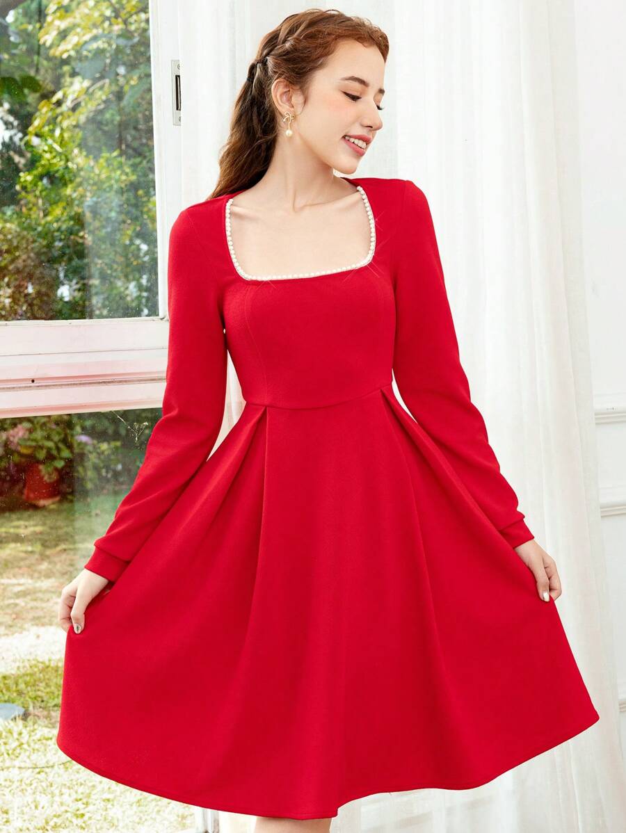 Teen Girls' Fashion Elegant Rhinestone Decorated Red Dress