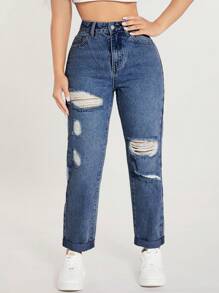 SHEIN PETITE Casual Distressed Tapered Fit Jeans - Dusty Blue - View 1