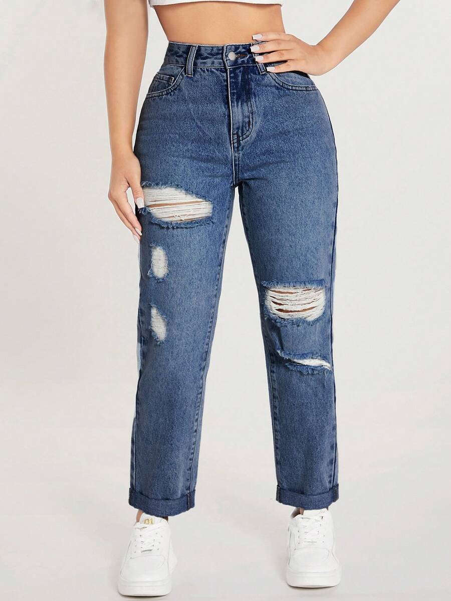 SHEIN PETITE Casual Distressed Tapered Fit Jeans - Dusty Blue - View 1