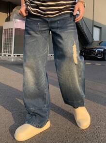 DAZY Plain Blue Distressed Vintage Men's Denim Jeans, Autumn
