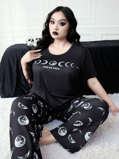 Goth Ensemble pyjama décontracté grande taille, Top à manches courtes et pantalon imprimé galaxie gothique