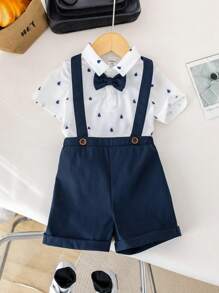 SHEIN Set de 2 piezas de top de punto y pantalones cortos informales para niño/niña pequeños, adecuado para uso diario en primavera/verano y eventos como fiesta de cumpleaños, bautizo, 1er cumpleaños, fiesta de noche, actuación, boda
