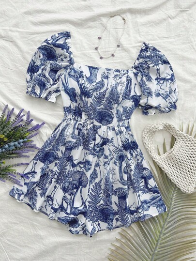 Soleia Plus Size Women Boho Spring Puff Sleeve Blue Hand-Drawn Line Floral Print Jumpsuit, For Summer