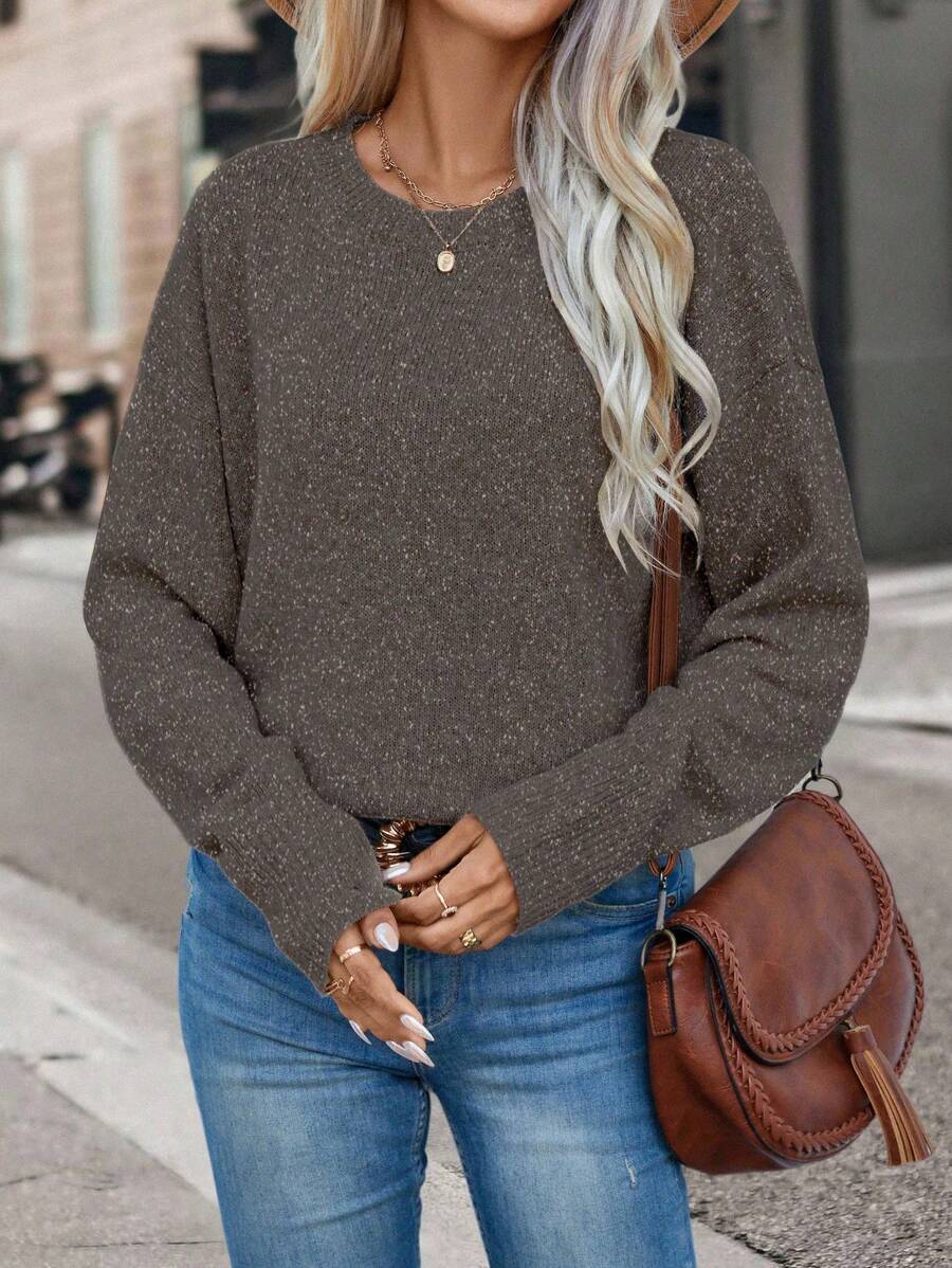 EMERY ROSE 纯色落肩毛衣，长袖针织套头衫，秋冬款 - 咖啡棕 - 查看 1