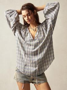 Bohemela 女式编织格子缺口 V 领灯笼 3/4 袖宽松衬衫