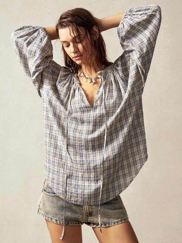 Bohemela Boho Woven Plaid Notched V-Neck Lantern 3/4 Sleeve Loose Blouse For Women