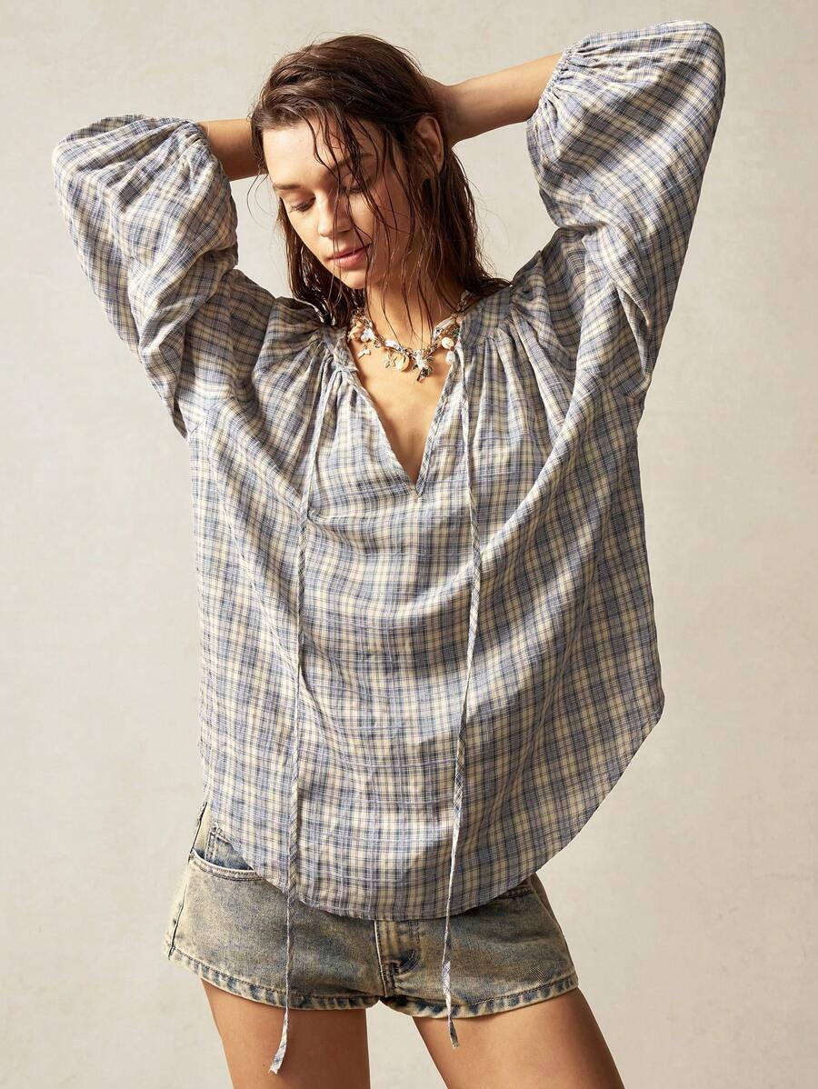 Bohemela 女式编织格子缺口 V 领灯笼 3/4 袖宽松衬衫