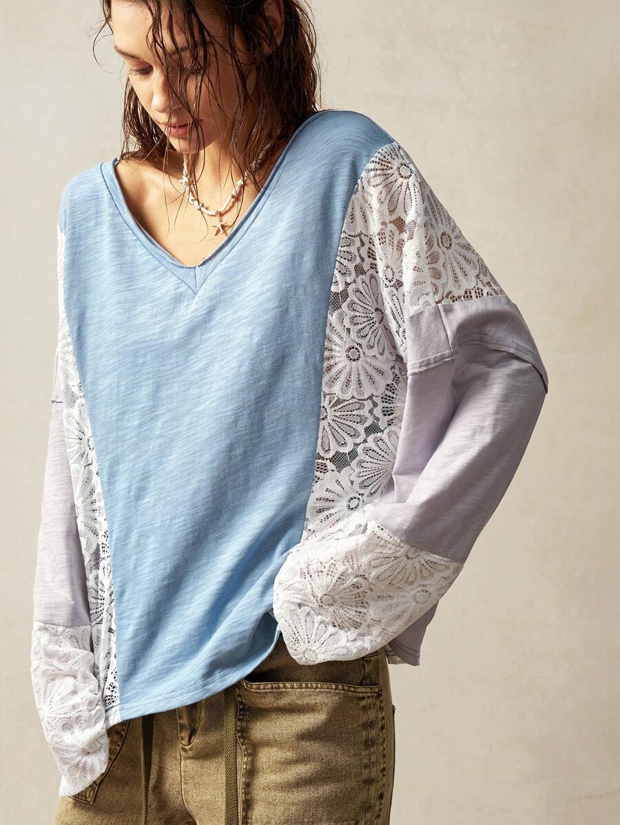Bohemela Boho Knit Patchwork Loose Drop Shoulder Long Sleeve Women T-Shirt - Blue and White - View 1