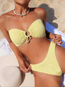 Swim Mod Frühlings-Frauen-Bademoden Sommer-Outfit, einfarbiger sexy Bandeau-Bikini mit Kordelzug 2-teiliges Set - Gelb - Übersicht 4